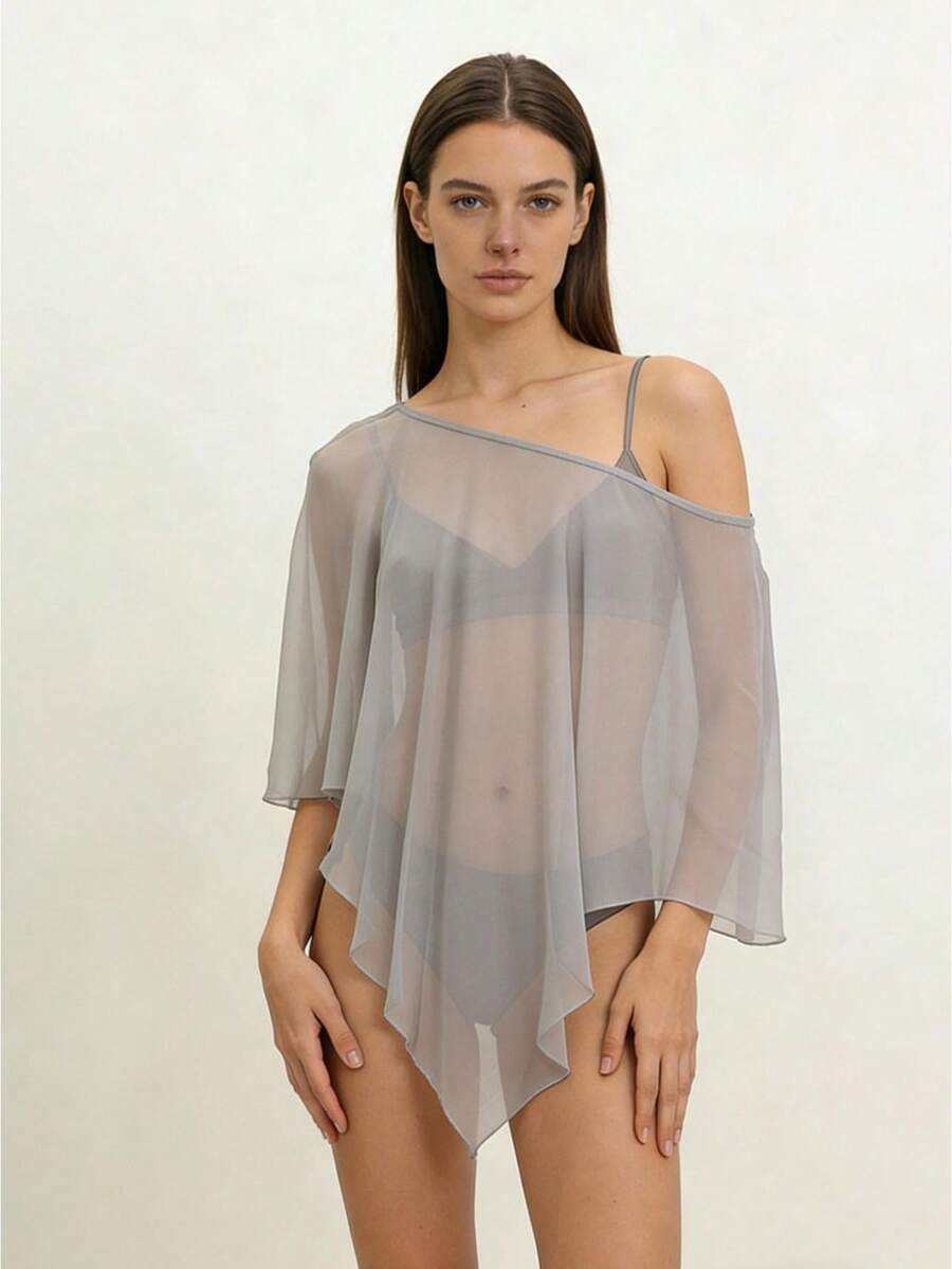 Women Sheer Tops, Solid Irregular Cover-up Loose Summer Clubwear for Street Party - Gris - Ver 1