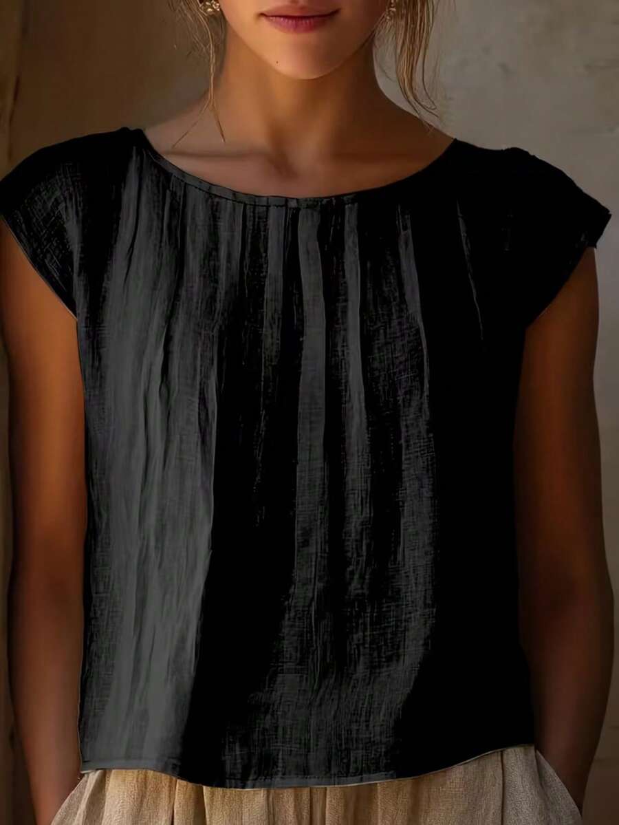 Women's Elegant Pleated Bust Design Blouse, Round Neck Shirt, Solid Color Versatile, Suitable For All Seasons, Machine Washable, Suitable For Casual Or Formal Occasions Black Summer - Black - View 1