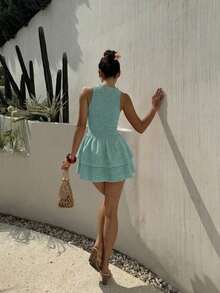 Vestido mini ajustado sin mangas a cuadros azules, estilo francés dulce para vacaciones, primavera/verano - verde menta - Ver 2
