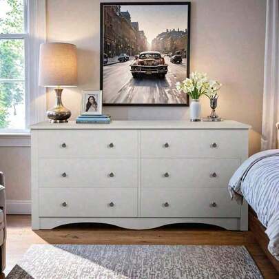6 Drawer Double Dresser, Wide Wood Chest Of Drawers Storage Tower Storage Living Room Bedroom