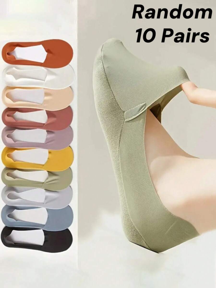 10 đôi tất thuyền thoải mái, màu trơn ngẫu nhiên dành cho nữ, thích hợp cho mùa xuân/hè. - Nhiều màu - Xem 1