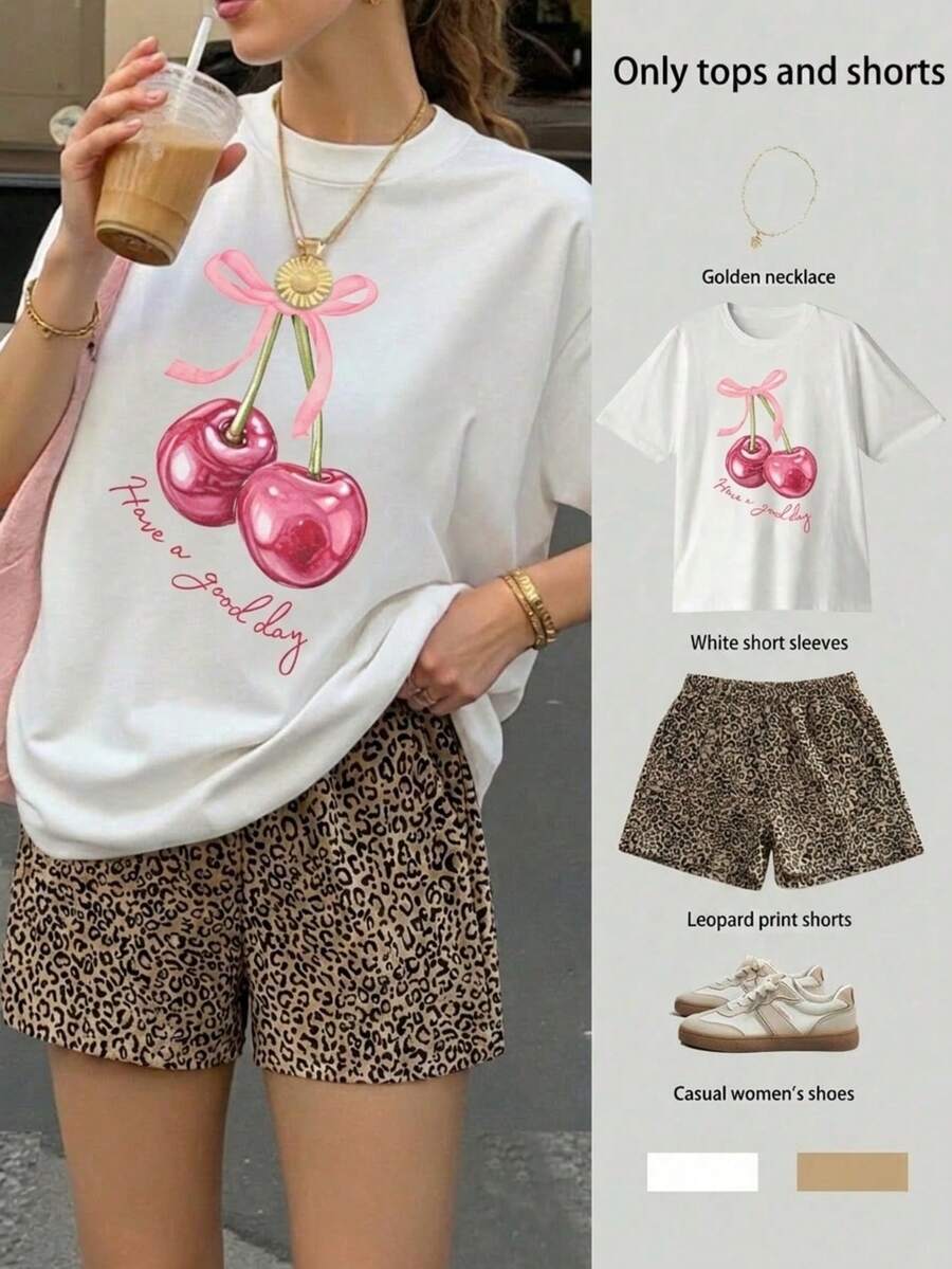 2 piezas Conjunto de top de manga corta con estampado CEREZAy short animal print estampado animal para mujer- Traje de verano de dos piezas para mujer para vacaciones en la playa - Blanco - Ver 1