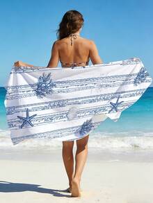 1pc Ocean Themed Beach Towel, Blue & White Striped With Starfish & Shell Print, Quick Dry Absorbent Towel For Beach, Pool, Travel - Striped Ocean Shell - View 5