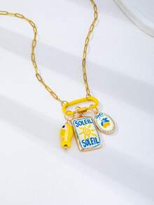 1条不锈钢回形针链项链，配珐琅夏季吊坠，彩色登山扣项链，饰有鱼、太阳、柠檬和龙虾吊坠，波西米亚风格夏季假日女士首饰 - 彩色 - 查看 13