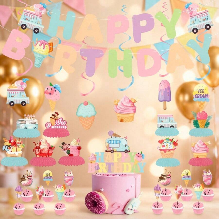 Ice Cream Themed Birthday Party Decoration Set, Sweet Summer Party Supplies Including Banner, Honeycomb Centerpiece Decor And Cake Topper, Suitable For Carnival, Wedding, Birthday Decoration, Party And Christmas - Ice Cream Cake Power Strip - View 1