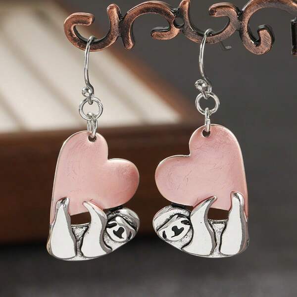 Cute Sloth Hugging Heart Pendant Earrings, Handmade Hypoallergenic Dual-Tone Metal Fashion Jewelry For Women