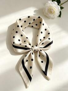 波点真丝优雅办公休闲配饰，高档缎面卷边，米色和黑色 - 白色 - 查看 7