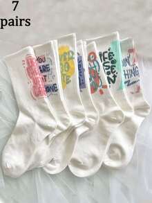 5/7 Pairs (Random Delivery) Women's Korean Style Letter & Hiphop Colorful Casual Crew Socks, Suitable For Daily Wear - White - View 8