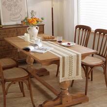 1 buah Taplak Meja Makan Dekoratif Mewah Elegan Premium dari Katun Linen Gaya Rustic Boho dengan Bordir dan Rumbai untuk Rumah - Coklat - View 3