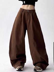 Women's Polyester Straight Leg Pants, Non-Stretch, Solid Color, Loose Casual Trousers Spring - Coffee Brown - View 3