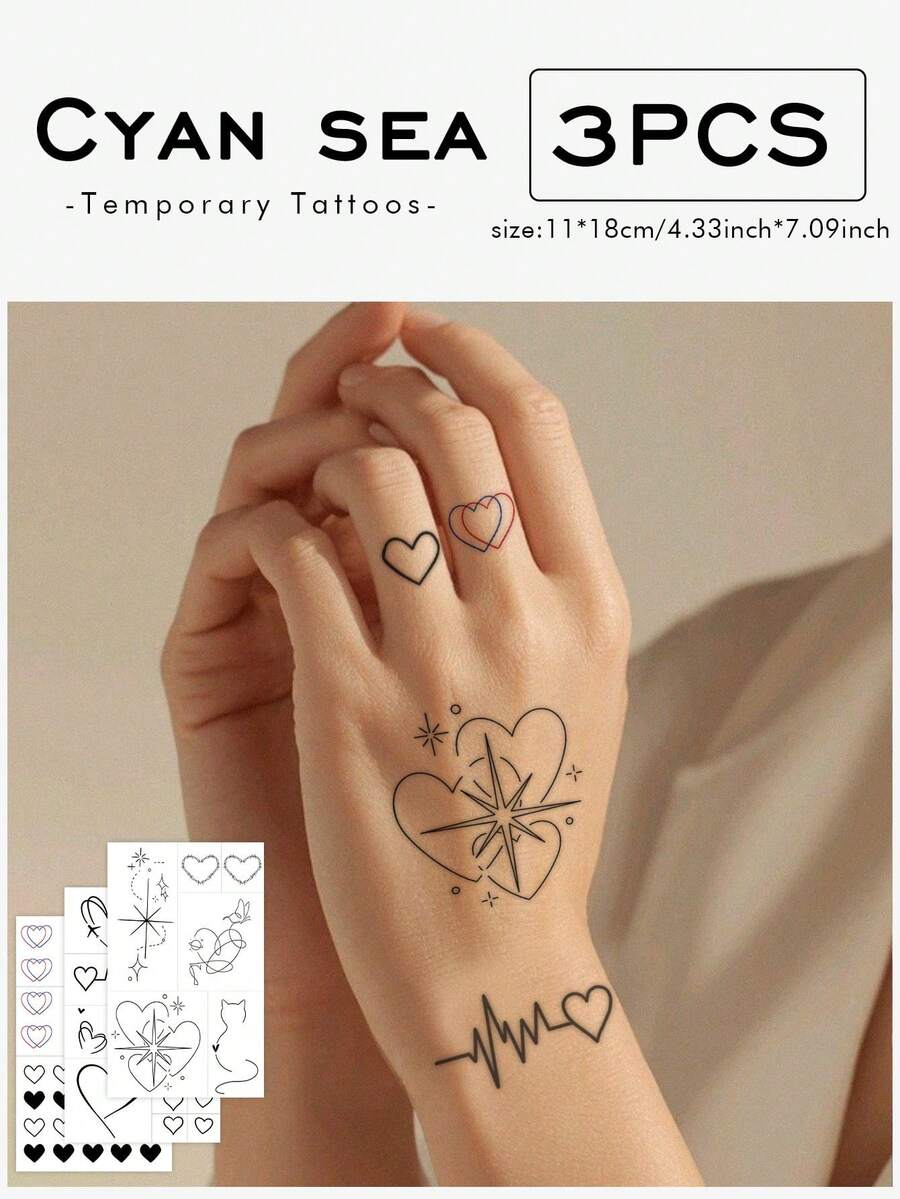 3pcsStickers, Minimalist Line Heart, Starburst, ECG, Temporary Tattoo Stickers, For Arms, AbdomenAnd Legs, Non-Reflective, Realistic Tattoo, Suitable For People, For Daily Use, Can Last3-5Days - Multicolor - View 1