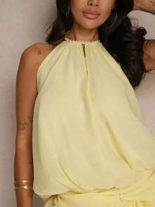 Summer Halter Dress For Women Sleeveless Ruffle Open Back Tiered Layered Chiffon Pleated A Line Swing Mini Dress - Light Yellow - View 5