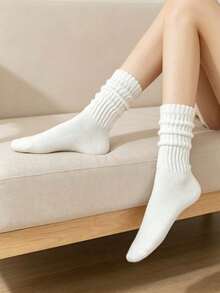 1/3/5/6/10 pares de calcetines blancos lisos para mujer, simples, de moda casual, versátiles, cálidos, suaves, elásticos y duraderos hasta el tobillo para uso diario - Blanco - Ver 5