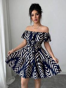 Vestido casual y elegante de vacaciones con hombros descubiertos, cintura con volantes y estampado de rayas azul marino, adecuado para carnaval, Día del Trabajo, Pascua, vuelta al colegio, playa, viajes, jardín y estilo callejero en verano - Azul marino - Ver 6