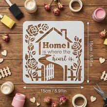 4 piezas de plantillas reutilizables con silueta de casa, aptas para manualidades DIY, decoración de pared de estilo granja, incluye plantillas de corona, patrones de guijarros y cita "El hogar es donde está el corazón", se pueden usar para scrapbooking, tarjetas de felicitación, pintura en tela - 4 piezas - Ver 2
