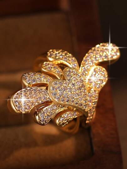 1 pieza Anillo de mujer con forma de hoja de corazón elegante y lujoso con circonita cúbica, anillo único y romántico que se puede abrir para uso diario, regalo para amigos, accesorios de ropa para banquetes de compromiso/boda