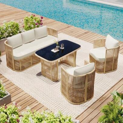 4-Tier PE Rattan Gartenmöbel Set Mit 3-Sitzer Sofa, 2 Sesseln & Glastisch – Outdoor Lounge Set Mit Polyester Kissen, Stahlrahmen & Gehärteter Glasplatte Für Terrasse & Balkon