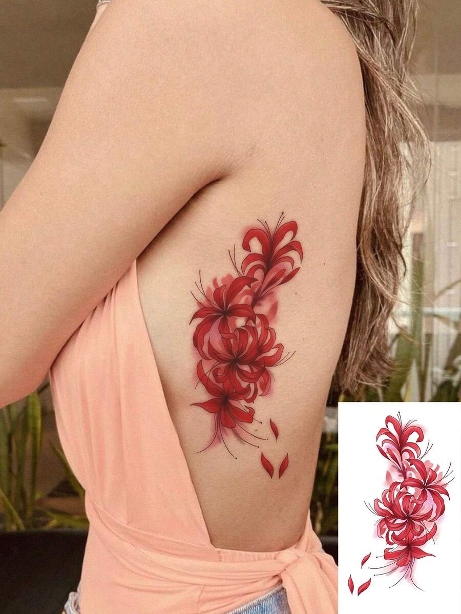 1 hình xăm tạm thời hình hoa sen mực đỏ, có thể giặt, chống nước, lâu trôi, thích hợp cho vùng eo/nách, dễ dán và dễ tẩy, hình xăm trang trí tạo không gian ấn tượng, giữ được 2-3 ngày. - Đỏ - Xem 1