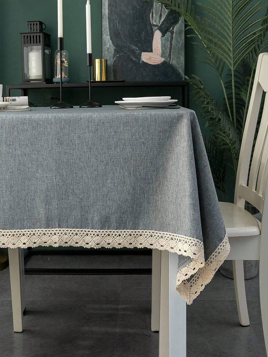 1pc Gray Linen Lace Tablecloth, Suitable For Weddings, Banquets, Restaurants, Buffets, Birthday Parties, Housewarming Events, Home Decor - Grey - View 1