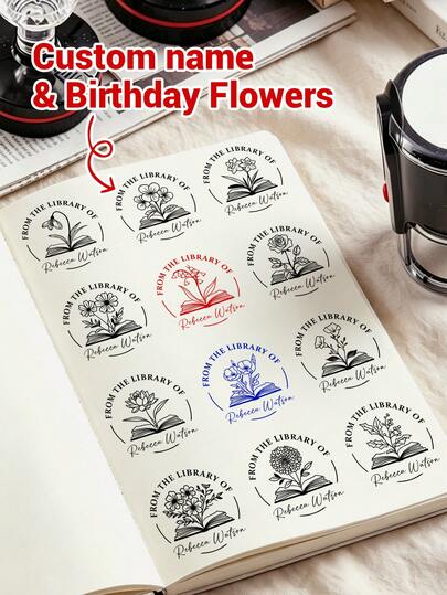 Con dấu tùy chỉnh với hoa tượng trưng cho tháng sinh, con dấu tên cá nhân hóa, thiết kế hoa tượng trưng cho tháng sinh trang nhã dùng làm tem sách, sổ tay, quà tặng cho người yêu sách, con dấu tự động đóng mực tùy chỉnh làm quà tặng ngày lễ cho bạn bè và gia đình, con dấu tên cá nhân hóa chứng nhận quyền sở hữu sách dùng trong thư viện tại nhà, 2 loại con dấu.