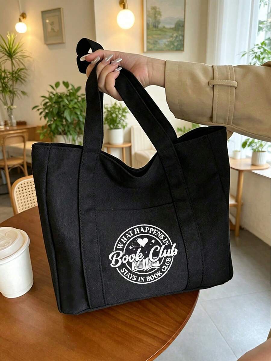 手提包與配套化妝包,書本圖案,印有「Book Club」文字,極簡購物袋,便攜盥洗包,後背包,通勤包,日常收納袋,大容量,便攜,適合青少年女孩、女性、大學生、白領族,完美適用於返校、工作、國中、高中、大學、假期、教師節禮物、返校宿舍必需品 - 彩色 - 查看 1