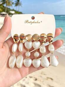 Betykuku Bộ 6 bông tai mặt dây chuyền ngọc trai thanh lịch, tối giản, thích hợp đeo hàng ngày, làm quà tặng trang sức cho phụ nữ và bé gái. - Bông tai mặt dây chuyền ba viên ngọc trai - Xem 9