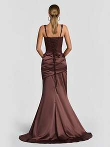 Conjunto de vestido de fiesta elegante con tirantes finos, espalda descubierta, lazo y drapeado - Marrón - Ver 5