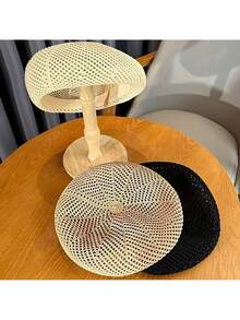 1顶女士休闲编织帽，透气镂空南瓜帽，女士圆顶贝雷帽，时尚复古艺术家帽，柔软八角帽，女士针织帽，春夏款 - 多色 - 查看 4