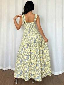 French Elegant Ruched Waist Floral Print Flared Dress, Sleeveless Flowy Dress, Light Blue Floral Summer Dress - Màu vàng - Xem 4