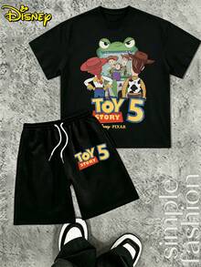 Disney Toy Story Themed Printed Casual Set, Round Neck Short Sleeved Casual T-Shirt And Drawstring Waist Shorts Set For Boyfriend Gift, Suitable For Outings, Vacations, And Comfortable Wear - 黑+黑 - 查看 1