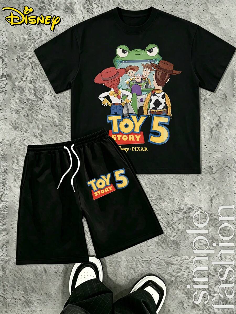 Disney Toy Story Themed Printed Casual Set, Round Neck Short Sleeved Casual T-Shirt And Drawstring Waist Shorts Set For Boyfriend Gift, Suitable For Outings, Vacations, And Comfortable Wear - 黑+黑 - 查看 1