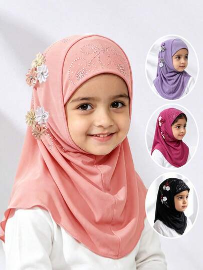1PC Kids Girls Floral & Rhinestone Embellished One-Piece Hijab Soft Prayer Headscarf For Muslim Children