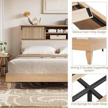 Beaully King Size Rattan Bed Frame With 2 Tier Shelves, Boho Rattan Bed Frame With Shelf Headboard Sliding Door, Wood Foundation With Silent Slats, No Box Spring Needed - Brown - View 7