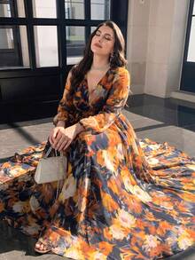 Elegant Plus Size Women's New Floral Print Long Sleeve Slimming A-Line Dress, All-Over Print, Casual Modest Elegant Spring - Mustard Yellow - View 2