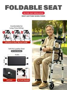 Andador con apoyo para el antebrazo con asiento y frenos, ruedas giratorias de 360°, altura ajustable, ayuda para la movilidad plegable y ligera de aleación de aluminio para personas mayores y ancianos, asistencia para caminar portátil, montaje sin herramientas - Modelo de gama alta (con frenos y asiento de cuero) - Ver 8