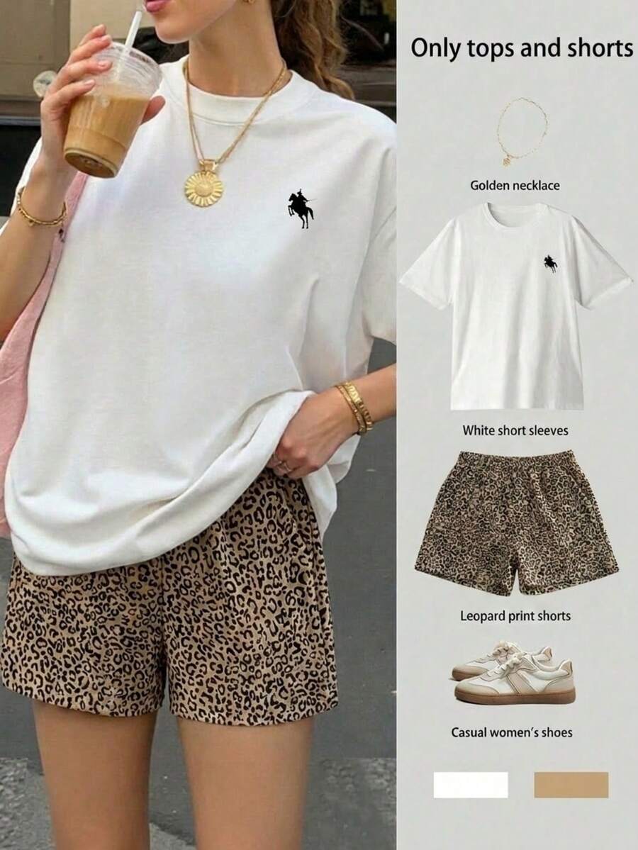 2 piezas Conjunto de top de manga corta con estampado minimalista  y short animal print estampado animal para mujer- Traje de verano de dos piezas para mujer para vacaciones en la playa - Blanco - Ver 1