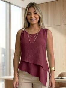 Women's Asymmetrical Blouse In Duna Fabric With Gold Buckle Detail And Side Slit - Burdeos - Ver 2