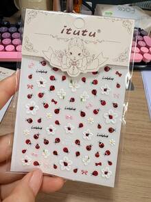 1pc 5D Stereoscopic Ladybug & Flower Nail Stickers - Self-Adhesive, Cute Red Ladybug, White Daisy & Bow Pattern, Embossed Sliders For DIY Nails, Summer Garden Nail Art Decals, Easy To Apply Nail Decorations For Women & Girls, Nail Art Supplies - Multicolor - View 9