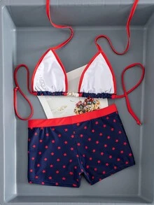 2026 New Star Print 2pcs Bikini Set, Blue With Dark Trim, Triangle Top And Drawstring Shorts, Women Summer Swimwear - Navy Blue - View 2
