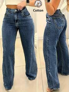 女士纯色水洗直筒牛仔裤，休闲长款，带纽扣和拉链口袋，无弹力，适合Y2K风格 - 深色水洗藍 - 查看 5