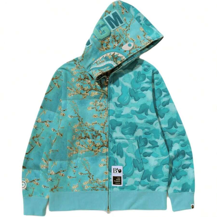 BAPE X Van Gogh Museum Shark Hoodie – Almond Blossom - Green - View 1