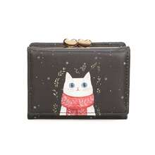 新款可爱迷你钱包，女士短款卡通动物三折零钱包，PU皮革 - 黑色 - 查看 1
