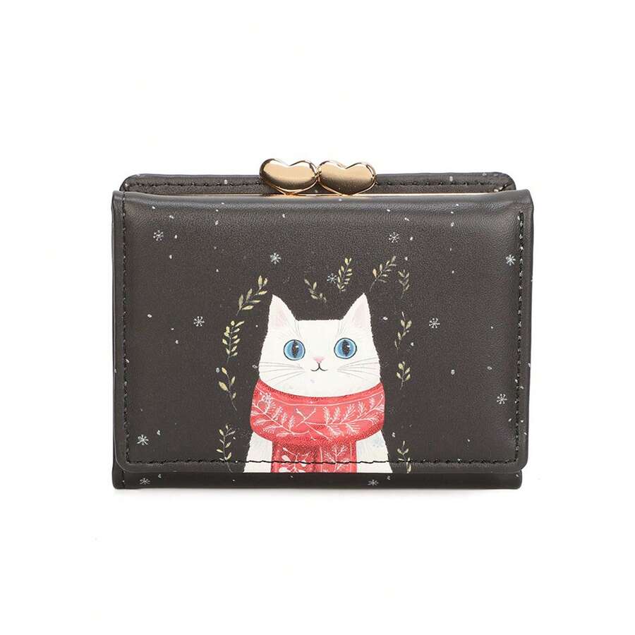 新款可爱迷你钱包，女士短款卡通动物三折零钱包，PU皮革 - 黑色 - 查看 1