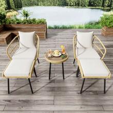 5-Piece Garden Lounge Set, Consisting Of 1 Dining Table, 2 Chairs, 2 Stools, Furniture, Rattan, Natural - 白色+自然色 - 查看 4