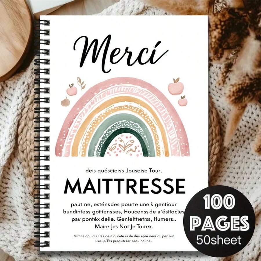 1pc "Merci" Themed Spiral Notebook With Romantic French Style, Cover Decorated With Vibrant Rainbow And Delicate Fruit Patterns, Conveying Warmth. 100 High-Quality Inner Pages, 50 Thick Paper Sheets. Suitable For Work Records, Study Notes, Daily Planning, Also An Thoughtful Gift For Graduation, Birthday. - V - View 1