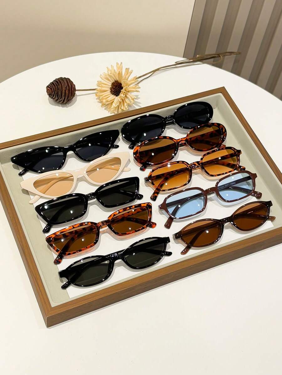 10pcs Leopard Print Plastic Multicolor Geometric Full Frame Classic Glasses Sets For Women, Suitable For Various Face Shapes, Applicable For Carnival Parties, Outdoor Activities, Daily Wear, Fashion Accessories, Back To School Essential - 10pcs 黑茶米白豹紋咖啡藍 - 查看 1