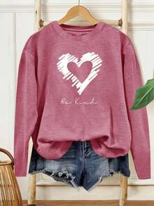 Women's Casual Long Sleeve Round Neck T-Shirt - "Be Kind Heart" Pattern Print, Bright Green, Medium Stretch Fabric, Machine Washable, All-Season Comfort, Non-Transparent Material Valentine Outfits For Women2025 - Brick Red - View 13