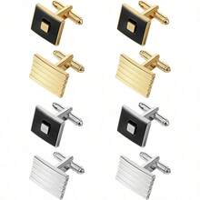 4 Pairs Cufflinks Men Classic Tone Cuff Fashion Men Cufflinks Gold/Sliver Striped Disc Square Rectangle Cuff Business Wedding Party Box Local Shipping - Square Glod Silver - View 7