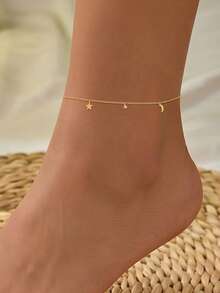 EleRunis 1 chiếc vòng đeo mắt cá chân bằng bạc sterling 925 mỏng manh, nhiều lớp, hình ngôi sao và mặt trăng, phong cách Boho, trang sức mùa hè kiểu Hawaii dành cho nữ và các cô gái yêu thích đi biển. - Vàng - Xem 7