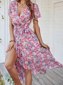 Đầm maxi mùa hè DOUCIU dành cho nữ, họa tiết hoa, phong cách boho, tay ngắn, cổ chữ V, xếp ly, dáng dài thướt tha, thích hợp cho đám cưới hoặc tiệc ngoài. - Hồng - Xem 4